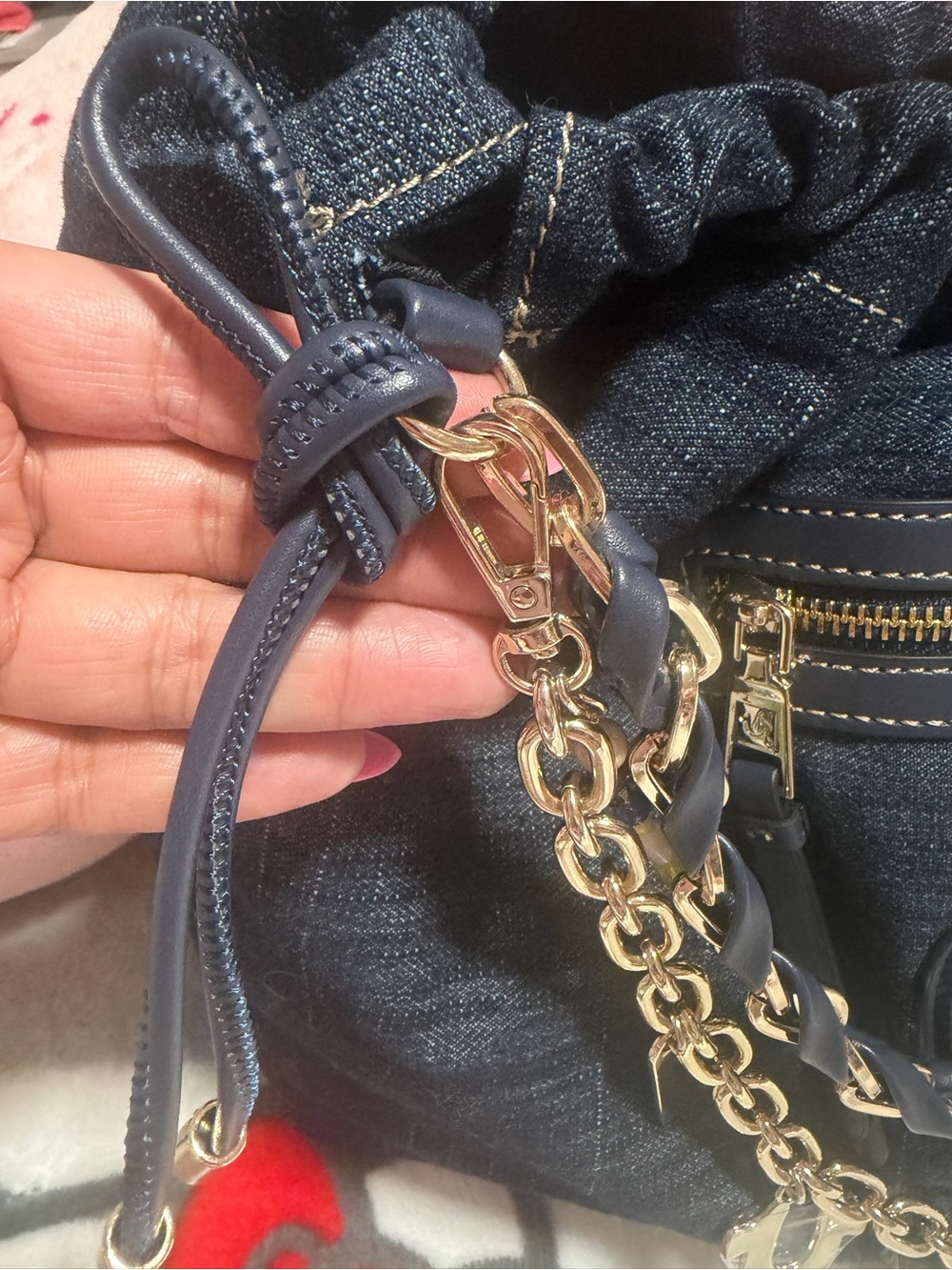 True Religion Dark Navy Denim Drawstring Shoulder Bag with Gold Chain - Picture 3 of 8